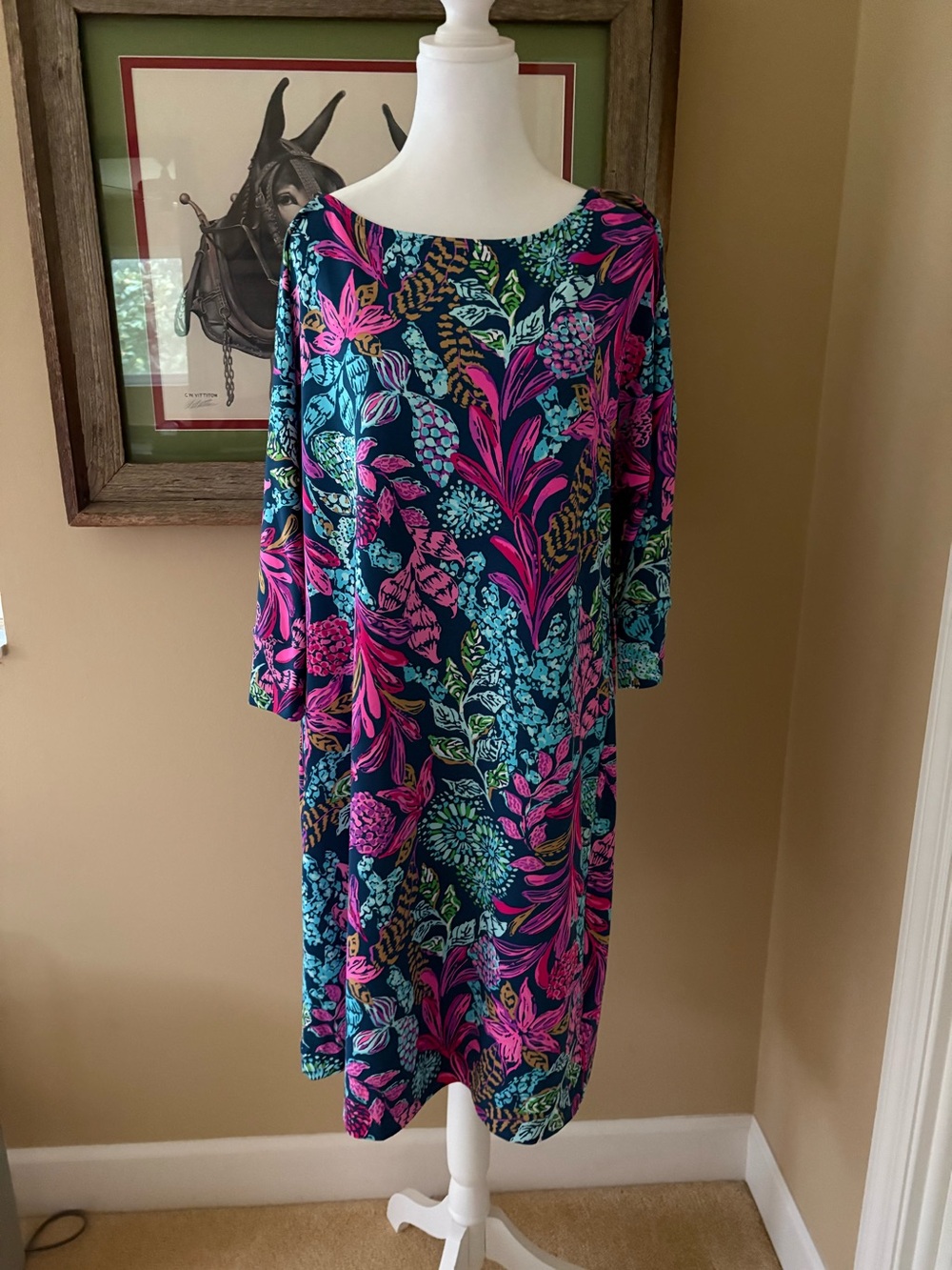 Lilly Pulitzer Navy Shift Dress with Pink & Teal Floral Print